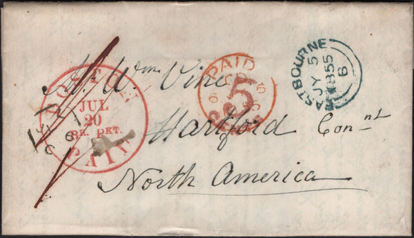 142982 1855 PREPAID MAIL EASTBOURNE, SUSSEX TO HARTFORD, NORTH AMERICA WITH FINE HANDSTAMPS.