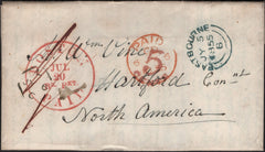 142982 1855 PREPAID MAIL EASTBOURNE, SUSSEX TO HARTFORD, NORTH AMERICA WITH FINE HANDSTAMPS.