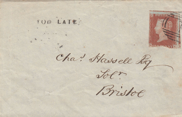 142986 1845 MAIL ABERGAVENNY, MONMOUTH TO BRISTOL 1D (SG8) VERY FINE 'TOO LATE' HANDSTAMP OF ABERGAVENNY (W63).
