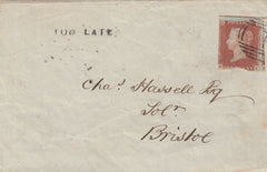 142986 1845 MAIL ABERGAVENNY, MONMOUTH TO BRISTOL 1D (SG8) VERY FINE 'TOO LATE' HANDSTAMP OF ABERGAVENNY (W63).