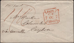 142987 1848 ENVELOPE CHARING CROSS TO COLUMBO, CEYLON.