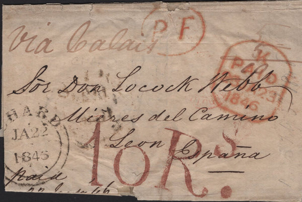 142988 1846 MAIL CHARD, SOMERSET TO LEON, SPAIN, GOOD RANGE OF HANDSTAMPS.