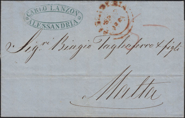 142990 1850 PRE PAID? MAIL ALEXANDRIA TO MALTA.