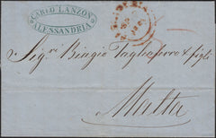 142990 1850 PRE PAID? MAIL ALEXANDRIA TO MALTA.