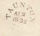 142993 1832 MAIL WILLITON, SOMERSET TO WIVELISCOMBE 'TAUNTON/PennyPost' HANDSTAMP (SO807) AND 'No6' RECEIVERS HANDSTAMP.
