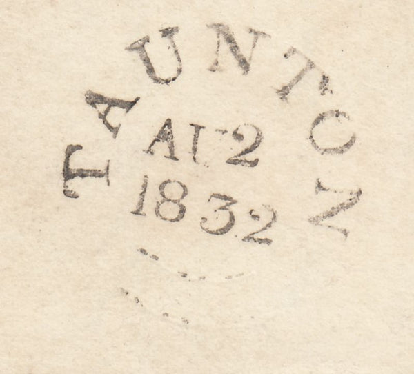 142993 1832 MAIL WILLITON, SOMERSET TO WIVELISCOMBE 'TAUNTON/PennyPost' HANDSTAMP (SO807) AND 'No6' RECEIVERS HANDSTAMP.