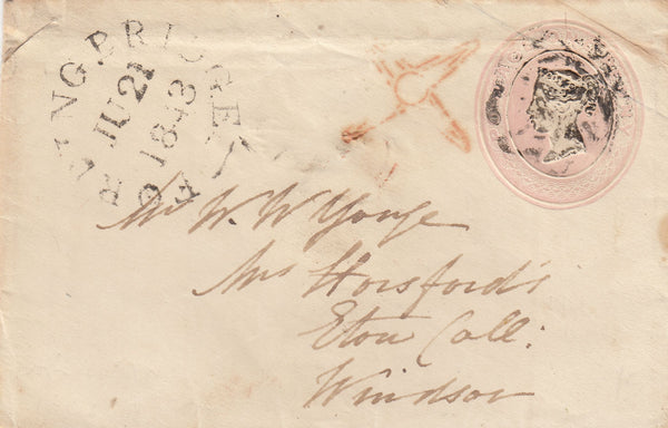 142995 1943 1D PINK ENVELOPE FORDINGBRIDGE, HANTS TO ETON COLLEGE WITH RED INSPECTORS MARK.