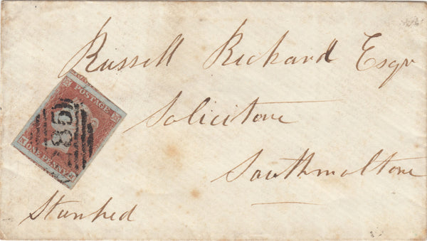 142996 1852 MAIL EXETER TO SOUTH MOLTON, DEVON 1D (SG8)(NJ) 'ST-THOMAS' LOCAL RECEIVERS HANDSTAMP IN BLUE.