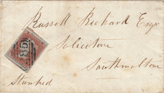 142996 1852 MAIL EXETER TO SOUTH MOLTON, DEVON 1D (SG8)(NJ) 'ST-THOMAS' LOCAL RECEIVERS HANDSTAMP IN BLUE.