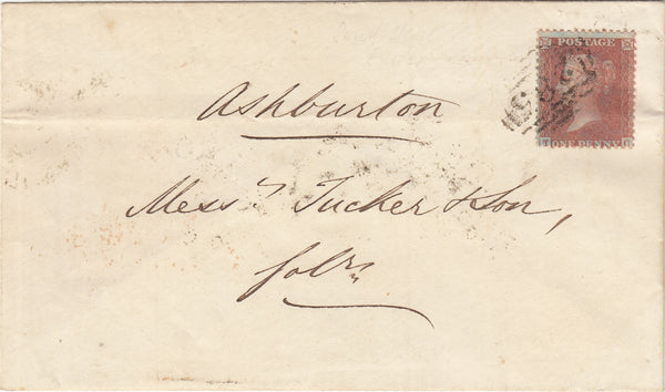 142997 1856 MAIL EXETER TO ASHBURTON, DEVON 1D (SG29) 'SOUTH-ST' RECEIVERS HANDSTAMP IN BLUE-GREEN.