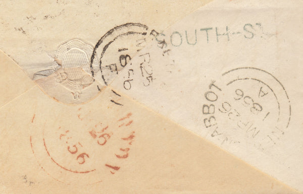 142997 1856 MAIL EXETER TO ASHBURTON, DEVON 1D (SG29) 'SOUTH-ST' RECEIVERS HANDSTAMP IN BLUE-GREEN.
