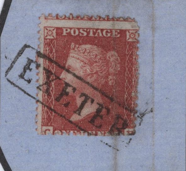 143000 1855 SMALL PIECE DIE 2 1D (SPEC C6) 'EXETER' BOXED CANCELLATION.
