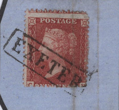 143000 1855 SMALL PIECE DIE 2 1D (SPEC C6) 'EXETER' BOXED CANCELLATION.