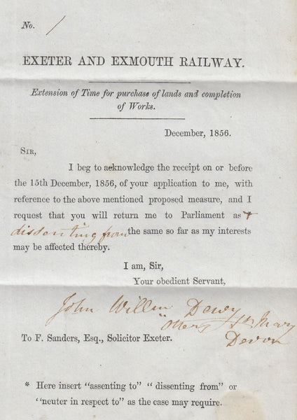 143001 1856 'EXETER AND EXMOUTH RAILWAY' PRINTED LETTER OTTERY ST MARY, DEVON TO EXETER 1D (SG29)(DJ).