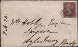 143002 1856 MAIL FALMOUTH, CORNWALL TO ALYESBURY 1D (SG 24), ON REVERSE FAIR STRIKE VERY RARE 'MISSENT-TO/LONDON AND EXETER-R.P.O.' HANDSTAMP.