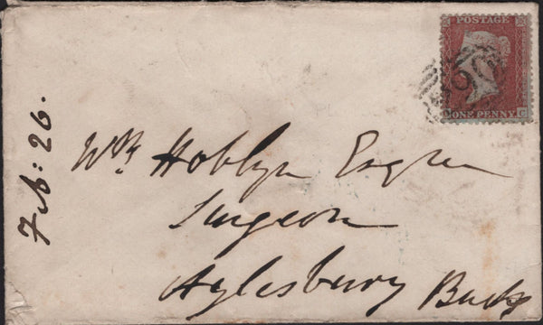 143002 1856 MAIL FALMOUTH, CORNWALL TO ALYESBURY 1D (SG 24), ON REVERSE FAIR STRIKE VERY RARE 'MISSENT-TO/LONDON AND EXETER-R.P.O.' HANDSTAMP.
