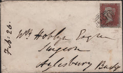 143002 1856 MAIL FALMOUTH, CORNWALL TO ALYESBURY 1D (SG 24), ON REVERSE FAIR STRIKE VERY RARE 'MISSENT-TO/LONDON AND EXETER-R.P.O.' HANDSTAMP.