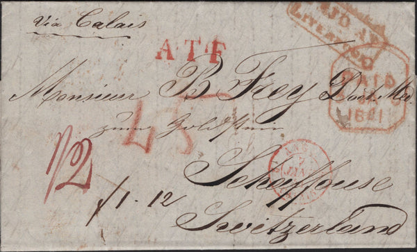 143004 1841 MAIL LIVERPOOL TO SCHAFFHAUSEN, SWITZERLAND WITH FINE RANGE OF HANDSTAMPS.
