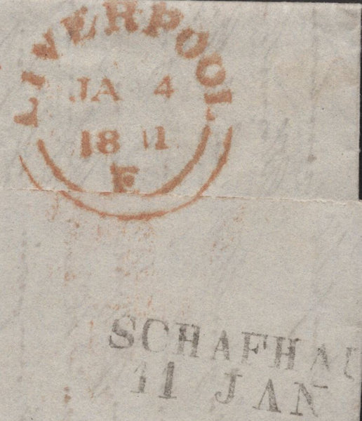 143004 1841 MAIL LIVERPOOL TO SCHAFFHAUSEN, SWITZERLAND WITH FINE RANGE OF HANDSTAMPS.