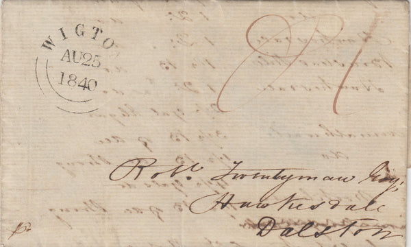 143010 1840 MAIL WIGTON, CUMBERLAND TO DALSTON, POSTAGE PAID 'WIGTON' DATE STAMP (CU533).