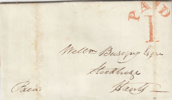 143012 1840 MAIL MARLBOROUGH, WILTS TO STOCKBRIDGE, HANTS WITH MARLBOROUGH 'PAID/1' UNIFORM PENNY POST HANDSTAMP (WL451).