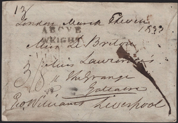 143015 1833 FREE FRANK ABUSE LONDON TO LIVERPOOL WITH 'ABOVE/WEIGHT' HANDSTAMP (L832d).