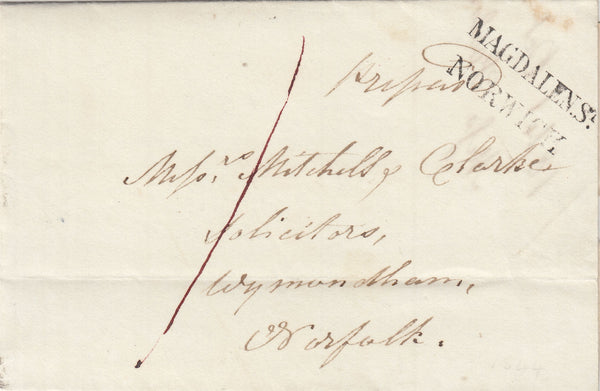 143016 1841 MAIL NORWICH TO WYMONDHAM, NORFOLK WITH 'MAGDALEN.ST./NORWICH' RECEIVER'S HANDSTAMP IN BLACK (NK324b).