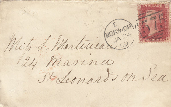 143019 1859 MAIL NORWICH TO ST. LEONARDS ON SEA, SUSSEX 1D (SG40) 'KING.ST' CIRCULAR HANDSTAMP IN BLUE.