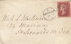 143019 1859 MAIL NORWICH TO ST. LEONARDS ON SEA, SUSSEX 1D (SG40) 'KING.ST' CIRCULAR HANDSTAMP IN BLUE.