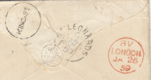 143019 1859 MAIL NORWICH TO ST. LEONARDS ON SEA, SUSSEX 1D (SG40) 'KING.ST' CIRCULAR HANDSTAMP IN BLUE.