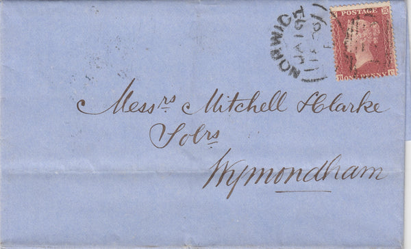 143021 1858 MAIL NORWICH TO WYMONDHAM 1D (SG40) 'MAGDALEN-ST' RECEIVER'S HANDSTAMP IN BLUE (NK324v),