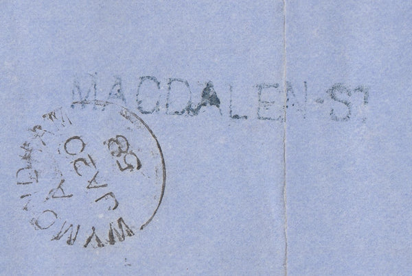 143021 1858 MAIL NORWICH TO WYMONDHAM 1D (SG40) 'MAGDALEN-ST' RECEIVER'S HANDSTAMP IN BLUE (NK324v),