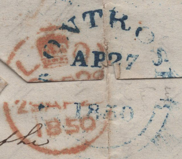 143022 1850 MAIL MONTROSE TO LONDON 1D (SG8) MANUSCRIPT 'Missent to Kings Lane'.