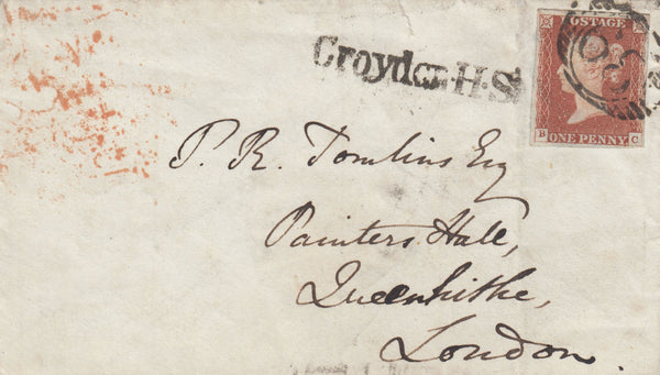 143023 1846 MAIL USED IN LONDON TO 'Painters Hall' 1D (SG8) AND 'Croydon.H.St' RECEIVER'S HANDSTAMP (L514/CROYHS14).