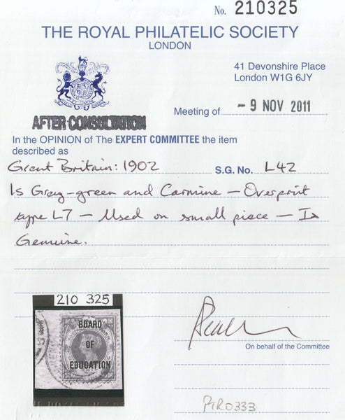 143024 1902 QV Is GREEN AND CARMINE 'BOARD OF EDUCATION' OFFICIAL (SG082) FINE USED WITH RPS CERTIFICATE.0.00.