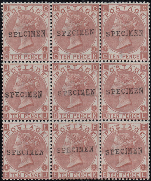 143025 1867 10d RED-BROWN (SG112) SUPERB UNUSED BLOCK OF NINE OVERPRINTED 'SPECIMEN' TYPE 9 (SPEC J97s).