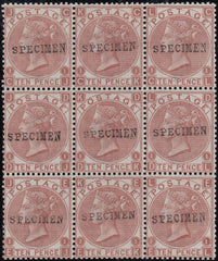 143025 1867 10d RED-BROWN (SG112) SUPERB UNUSED BLOCK OF NINE OVERPRINTED 'SPECIMEN' TYPE 9 (SPEC J97s).