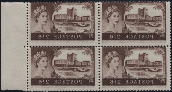 143027 1959 2/6d DE LA RUE CASTLE (SG595) RIGHT MARGINAL UNUSED BLOCK OF FOUR SUPERB OFFSET ON REVERSE.