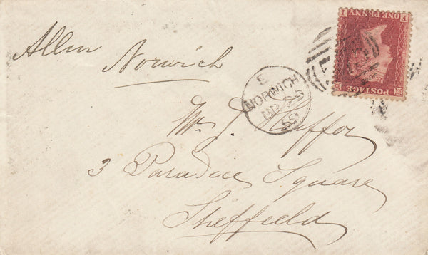143030 1859 MAIL NORWICH TO SHEFFIELD 1D (SG40) 'MAGDALEN STREET' CIRCULAR HANDSTAMP.