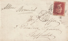 143030 1859 MAIL NORWICH TO SHEFFIELD 1D (SG40) 'MAGDALEN STREET' CIRCULAR HANDSTAMP.