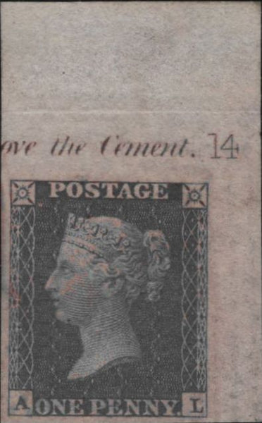 143038 1855 DIE 2 1D PL.14 UPPER RIGHT CORNER MARGINAL IMPRIMATUR LETTERED AL WITH PLATE NUMBER AND MARGINAL INSCRIPTION.