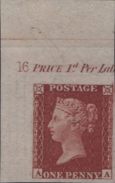 143040 1855 DIE 2 1D PL.16 UPPER LEFT CORNER MARGINAL IMPRIMATUR LETTERED AA WITH PLATE NUMBER AND MARGINAL INSCRIPTION.