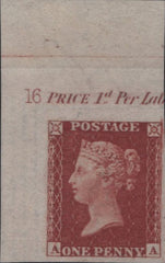 143040 1855 DIE 2 1D PL.16 UPPER LEFT CORNER MARGINAL IMPRIMATUR LETTERED AA WITH PLATE NUMBER AND MARGINAL INSCRIPTION.