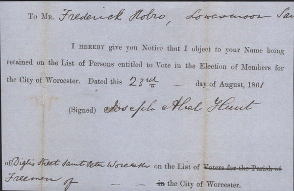 143041 1861 'NOTICE OF OBJECTION' MAIL USED LOCALLY IN WORCESTER WITH STRIP OF THREE DIE 2 1D PL.60 (SG40).