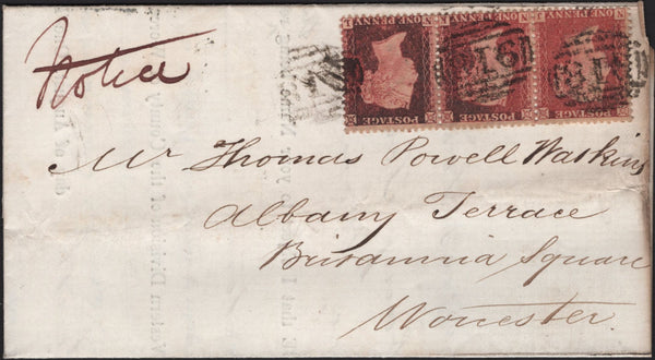 143042 1859 'NOTICE OF OBJECTION'  MAIL USED LOCALLY IN WORCESTER WITH STRIP OF THREE DIE 2 1D PL.27 (SG40).