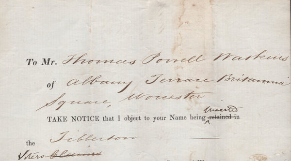 143042 1859 'NOTICE OF OBJECTION'  MAIL USED LOCALLY IN WORCESTER WITH STRIP OF THREE DIE 2 1D PL.27 (SG40).