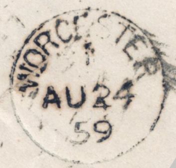 143042 1859 'NOTICE OF OBJECTION'  MAIL USED LOCALLY IN WORCESTER WITH STRIP OF THREE DIE 2 1D PL.27 (SG40).