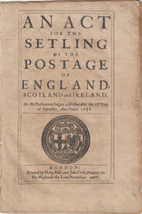 143044 1657 PROCLAMATION 'AN ACT FOR THE SETLING OF THE POSTAGE OF ENGLAND, SCOTLAND AND IRELAND'.