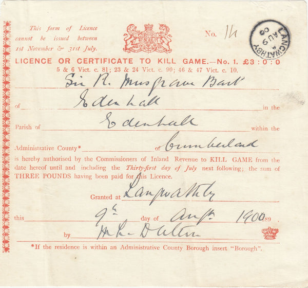 143045 1900 'LICENCE OR CERTIFICATE TO KILL GAME' WITH 'LANGWATHBY' CUMBERLAND DATE STAMP.