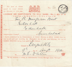 143045 1900 'LICENCE OR CERTIFICATE TO KILL GAME' WITH 'LANGWATHBY' CUMBERLAND DATE STAMP.